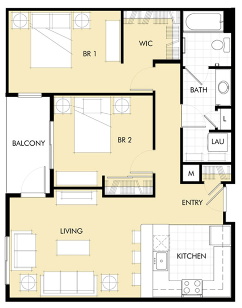 Floor plan for 2 beds, 1 bath